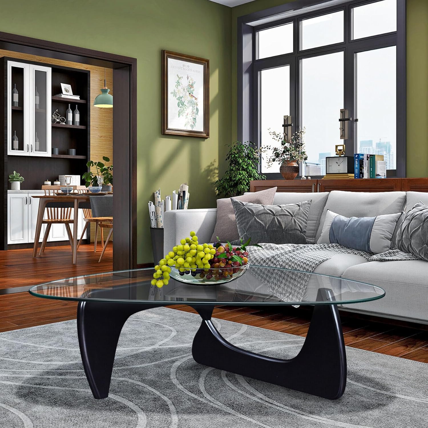 Triangle Glass Coffee Table-Mid-Century Modern End Table Solid Wood Base & Vintage Tempered Transparent Glass Top Coffee Tables Living Room Balcony (Black/Brown, Small 32.2 * 22.4 * 16in)