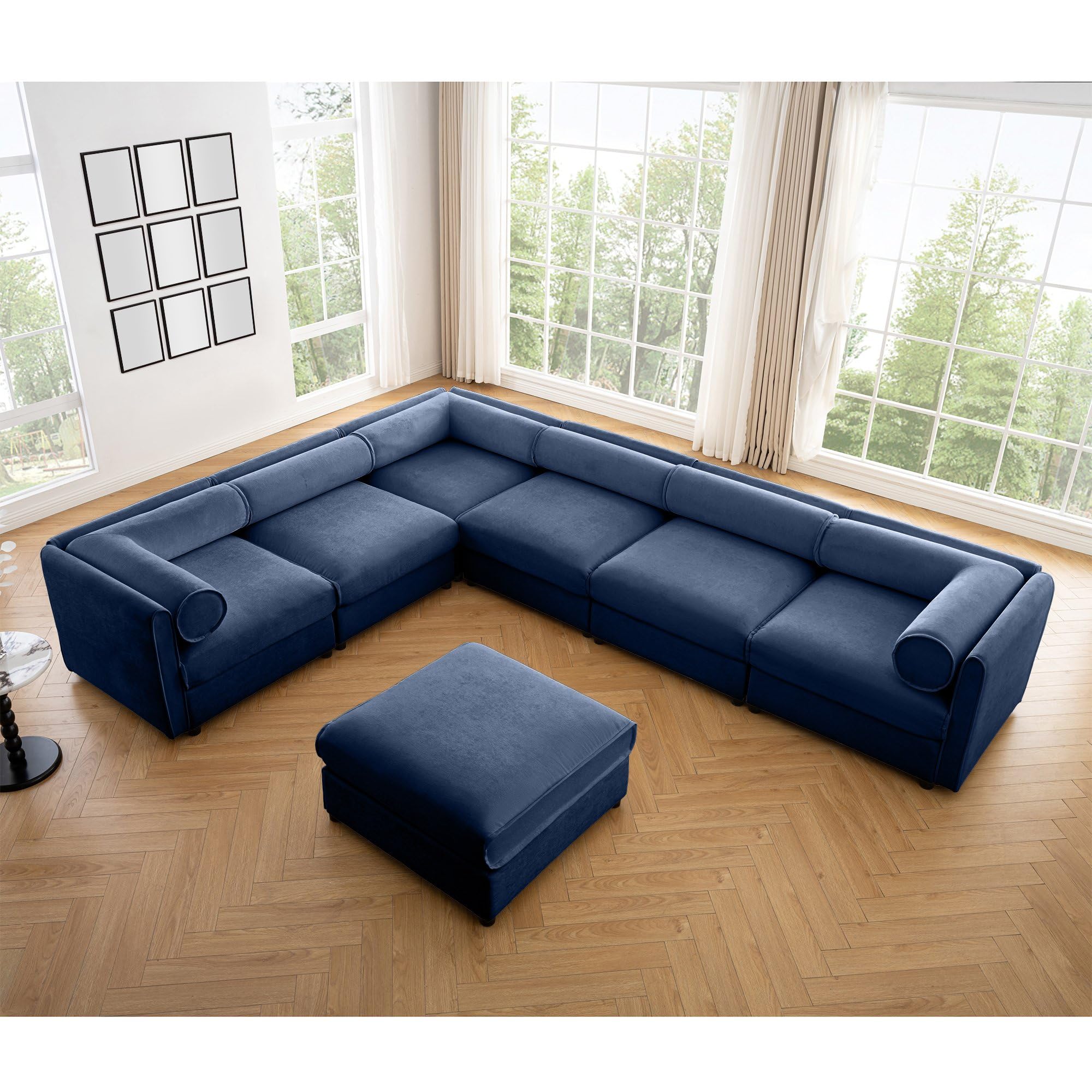 Large Sectional Couches for Living Room, Corner Couch with Storage Chenille Sectional Sofa, Cylindrical Backrest and Armrests 6 Seats,Green