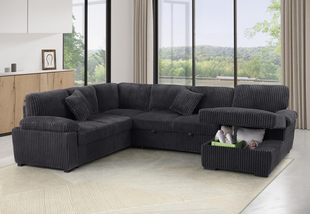 Oversized U-Shaped Sleeper Sectional Sofa Modern Fluffy Corduroy Upholstered Corner Convertible Sofabed with Pull Out Sleeper Couch Bed ,Storage Left Chaise and Pillows for Living Room Furniture Sets