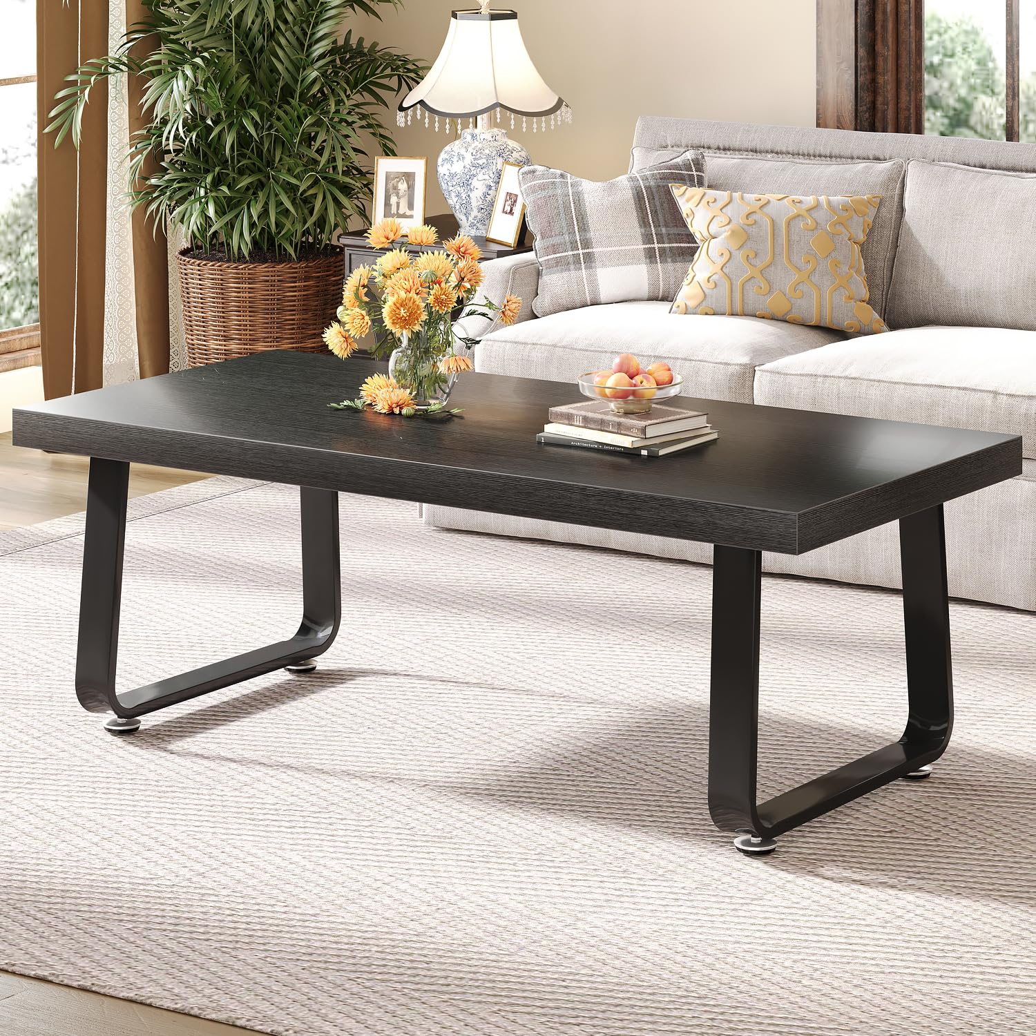 HSH Black Modern Coffee Table, Rustic Wood and Metal Center Table, Farmhouse Simple Living Room Coffee Tables, Industrial Minimalist Wooden Tea Coffee Table for Bedroom Home Office, Black Oak, 39 in