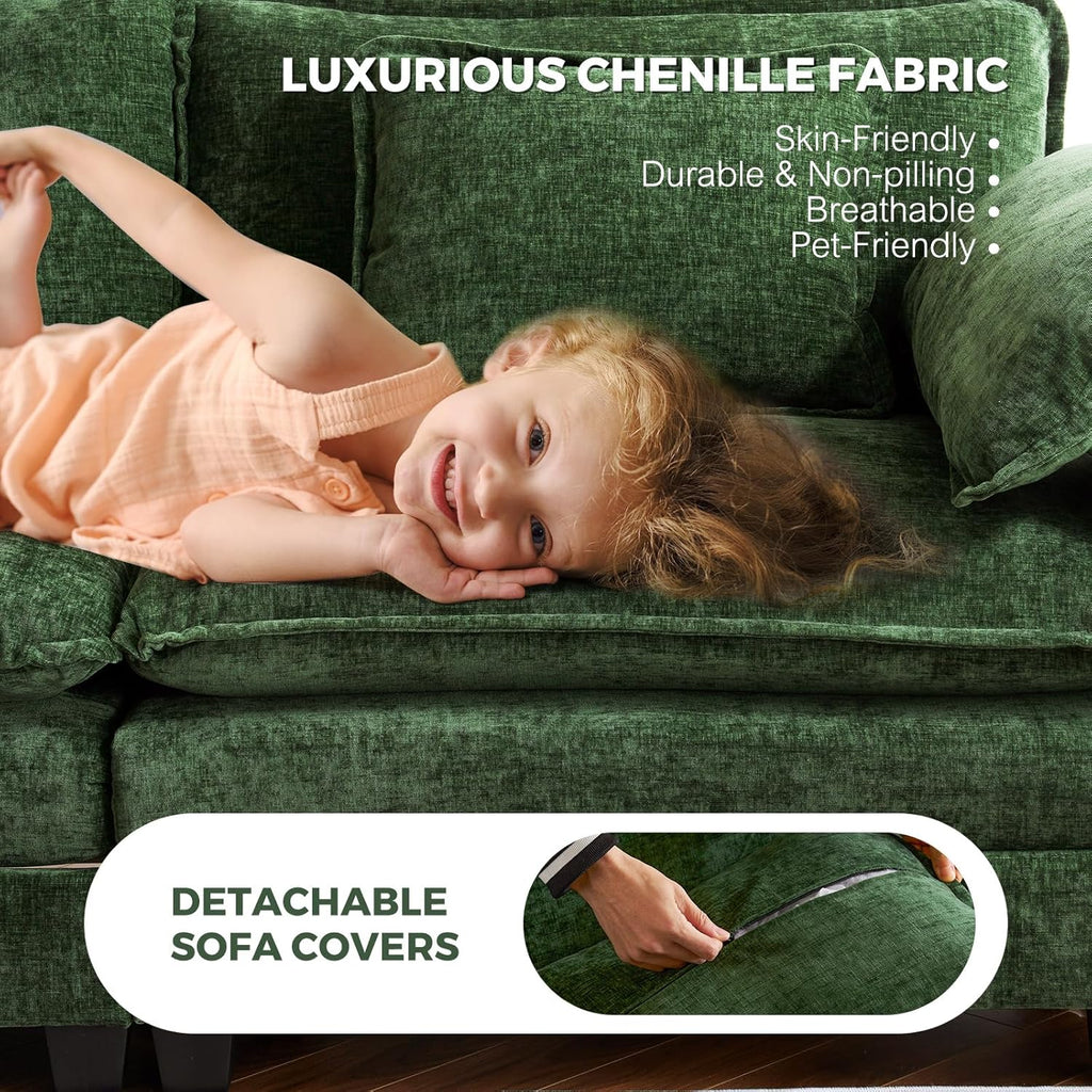 ELUCHANG 113" Modular Sectional Sofa, Comfy Cloud Couch, L Shaped Deep Seat Sofa Couches for Living Room, 4-Seater Modern Sofa with Movable Ottoman, DIY Combination - Chenille Green