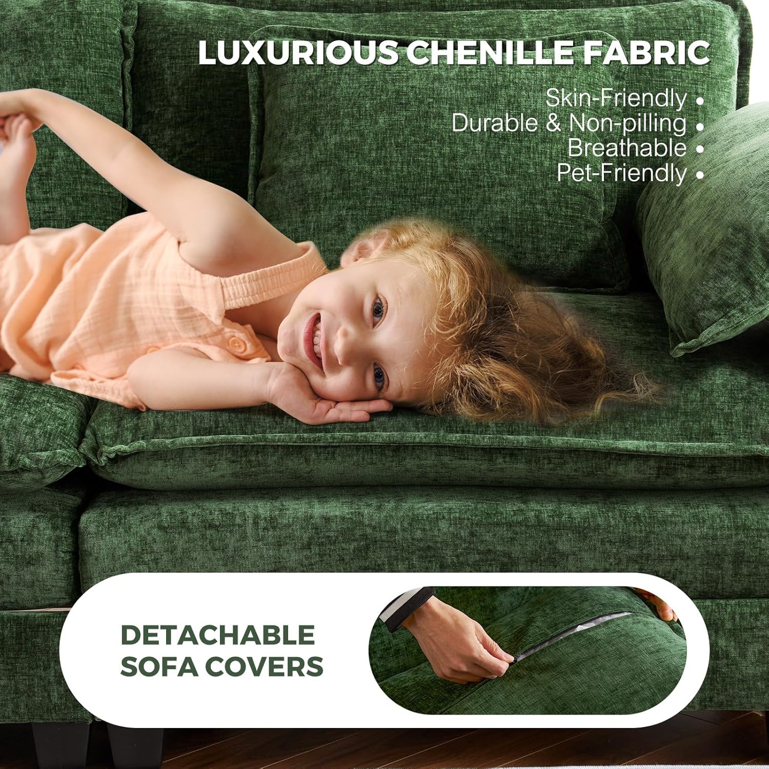 ELUCHANG 113" Modular Sectional Sofa, Comfy Cloud Couch, L Shaped Deep Seat Sofa Couches for Living Room, 4-Seater Modern Sofa with Movable Ottoman, DIY Combination - Chenille Green