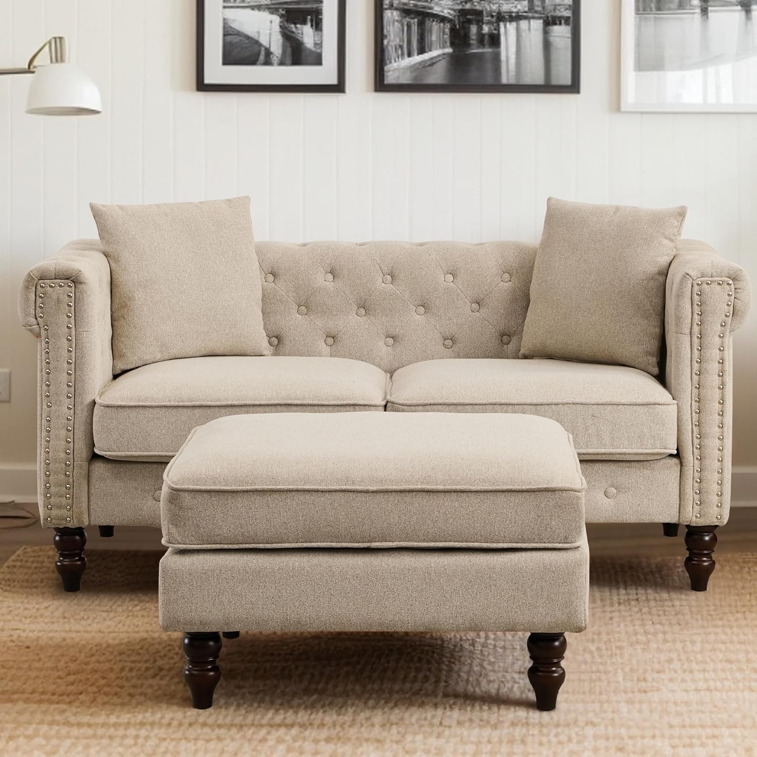 Mid-Century Modern Chesterfield Sofa with Ottoman, Linen Loveseat Classical Retro 2 Seater Couch Tufted Deep Seat Sofa Pet Friendly Sofa Victorian Couch for Living Room (Grey)