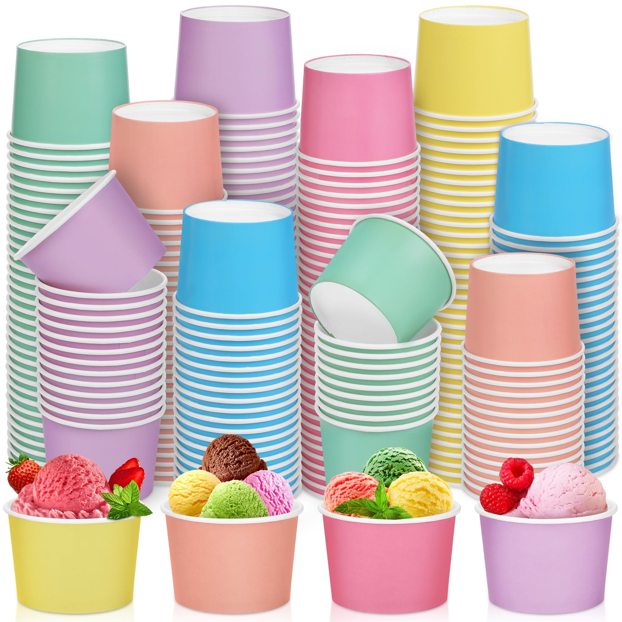 Aodaer 300 Pack Paper Ice Cream Cups 8oz Paper Snack Ice Cream Bowls Disposable Dessert Bowls for Hot or Cold Food Party Supplies Treat Cups for Sundae, Frozen Yogurt, Soup, 6 Colors