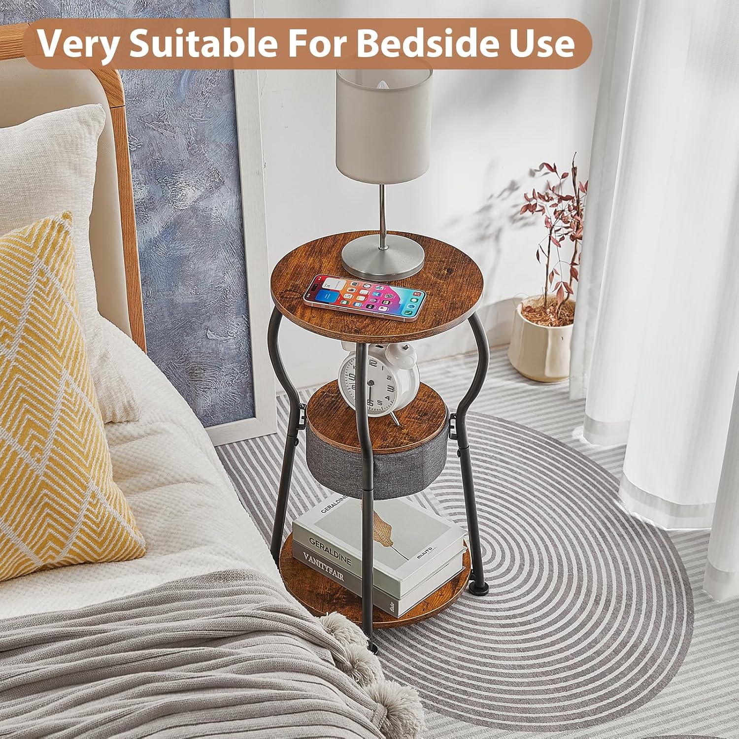 Small Round Side Table with Storage Bag, 3-Tier Accent Round End Table with Four Storage Functions for Living Room, 21.6" H Vintage Smalls Corner Table for Small Spaces Nightstand Bedroom