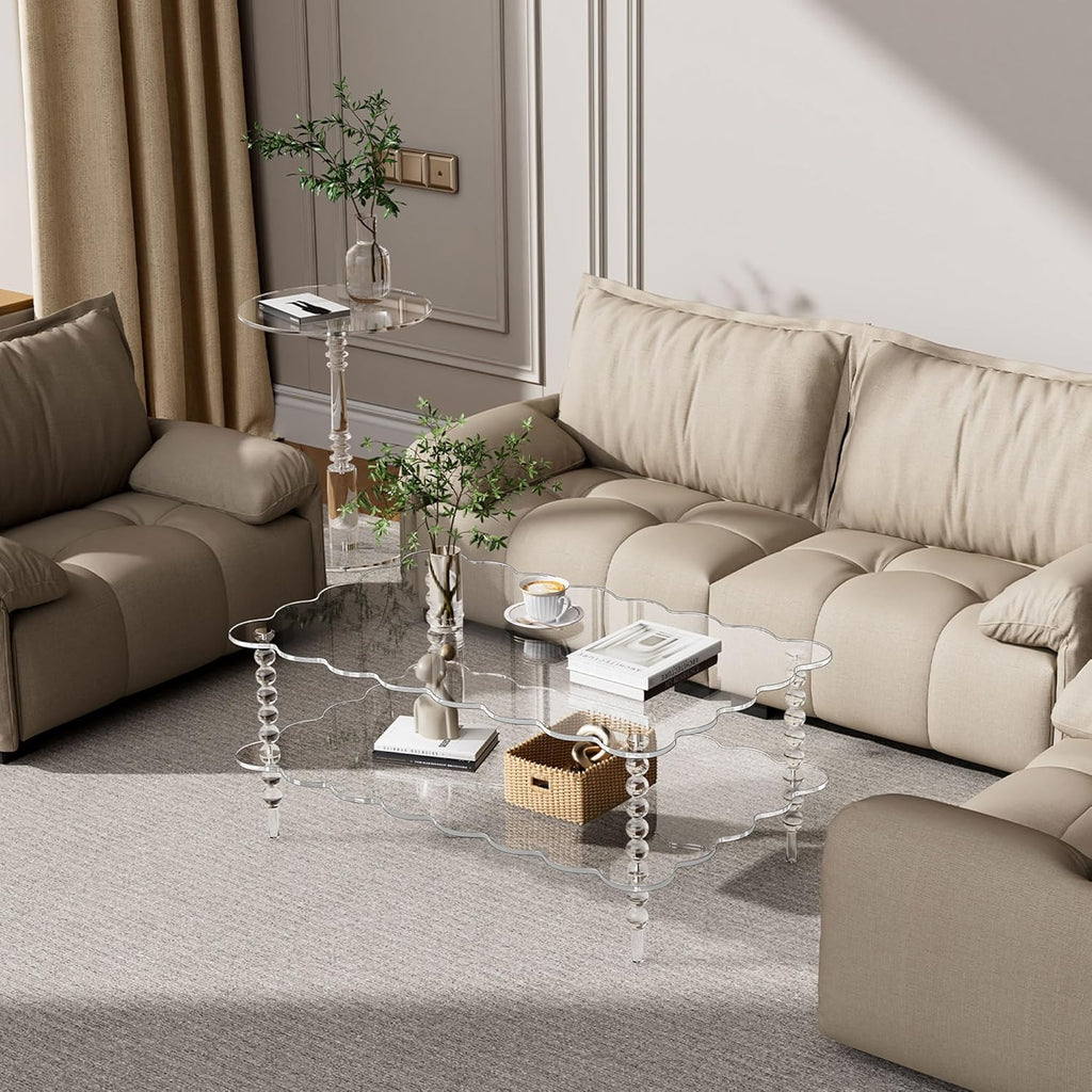 Acrylic Coffee Table, 2-Tier Living Room Table with Storage, Center Table Mid-Modern Century for Living Room, Easy to Assemble (Clear, 37.8“×23.6“×15.7”)