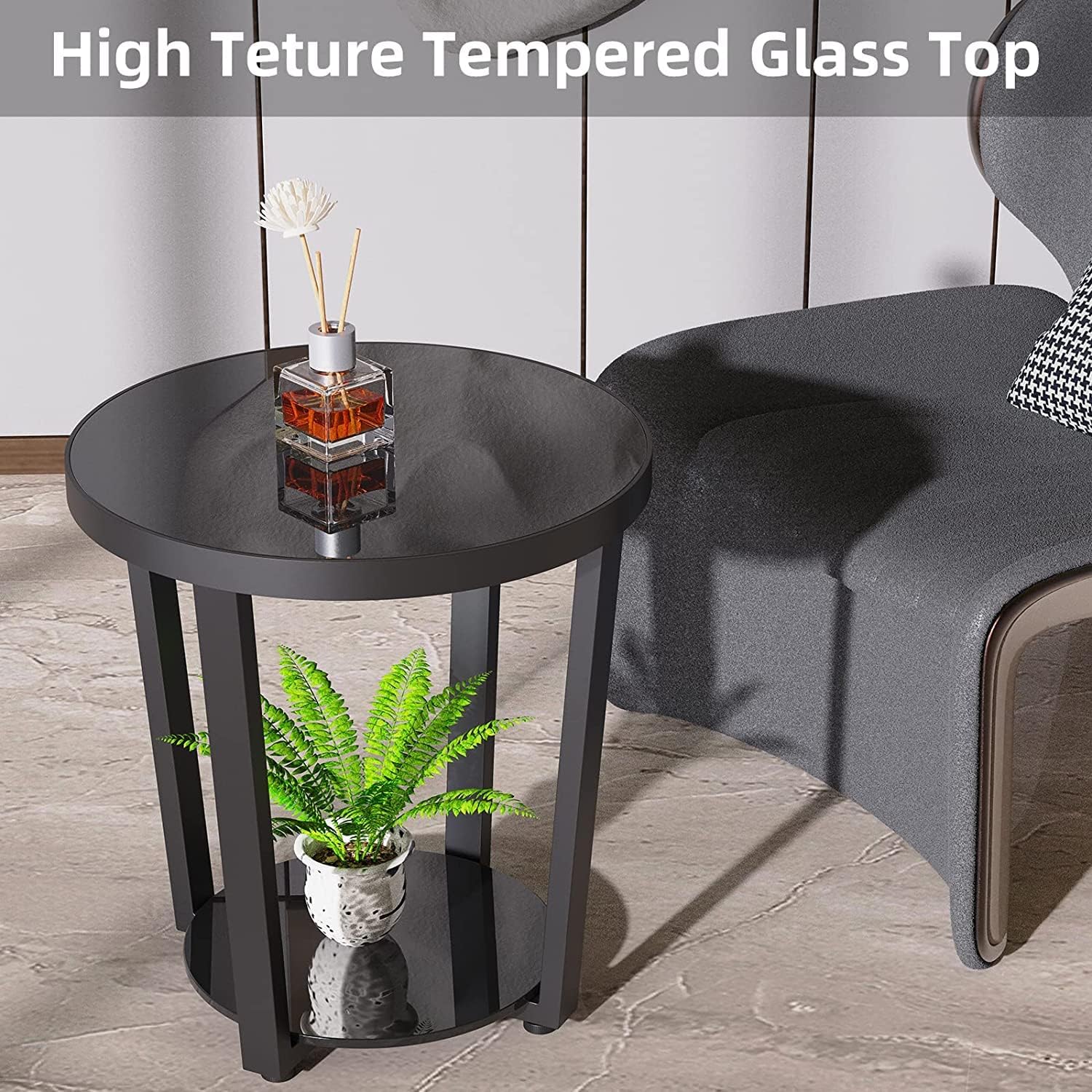 Round End Table, Tempered Glass End Table with Metal Frame, Small Coffee Table, Black Sofa Side Table for Living Room, Balcony, Bedroom