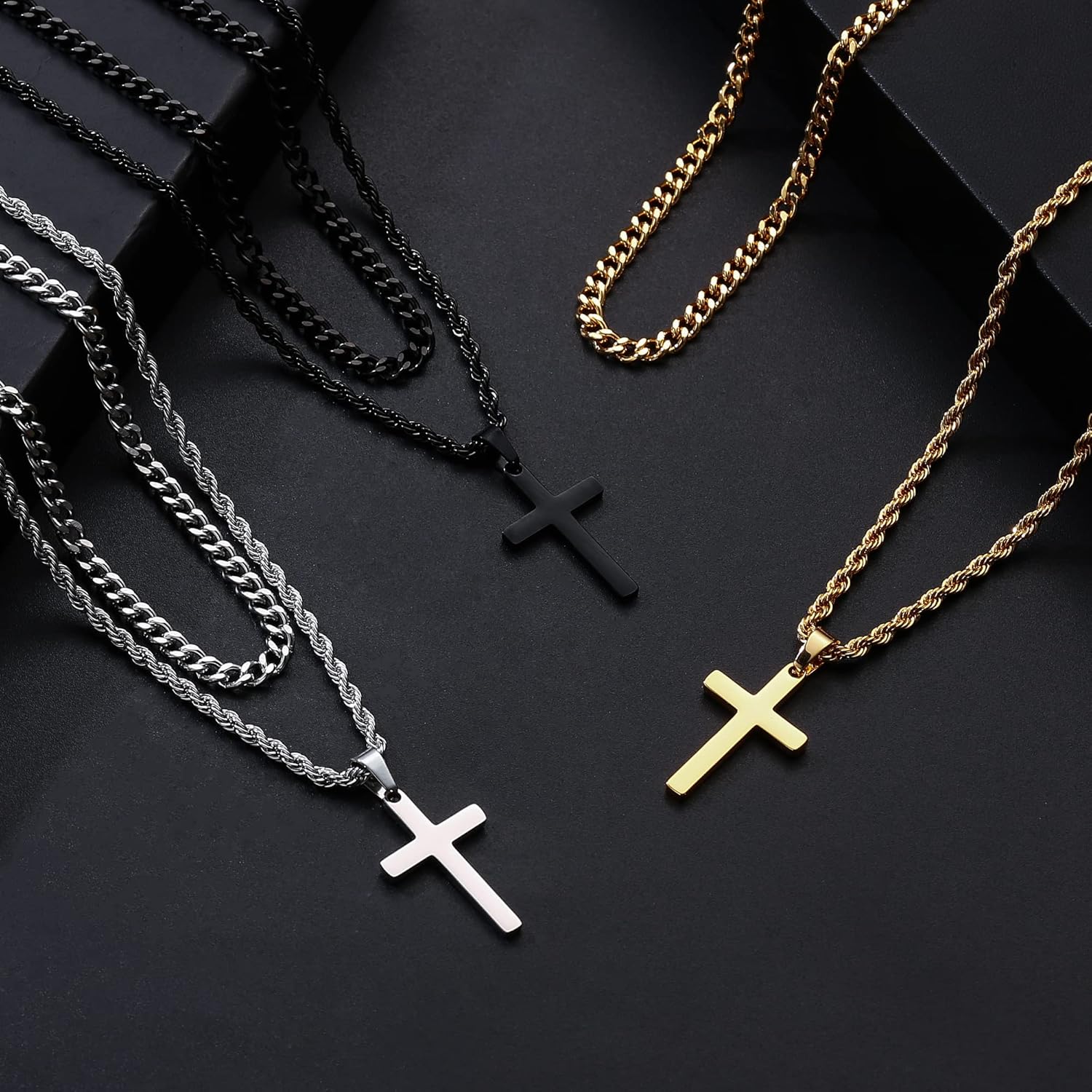 Yooblue Cross Necklace for Men, Gold Black Silver Mens Cross Necklaces Stainless Steel Cross Pendant Necklace Simple Jewelry Gifts Cross Chain Necklace for Men