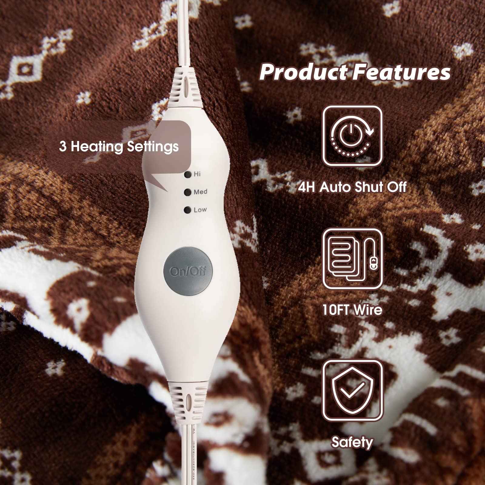 Manta Elétrica Tefici, Super Aconchegante e Macia, Flanela de 2 Camadas 50" x 60", Manta Aquecida com 3 Níveis de Aquecimento e Desligamento Automático em 4 Horas, Lavável na Máquina, Certificada ETL e FCC, Uso Residencial e Escritório, Cor Camelo