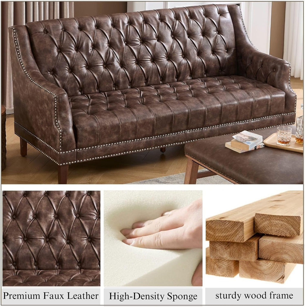 Faux Leather Sofa Couch, Button-Tufted 3-Seater Sofa with Armrest & Deep Seat, 74" Vintage Chesterfield Style Upholstered Loveseat Sofa for Living Room/Home Lounge Apartment, Deep Brown