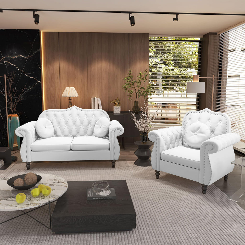 AVZEAR Chesterfield 3-Piece Living Room Sectional Sofa Set, Mid-Century Modern Upholstered PU Couch, Classic Tufted Button Sofa with Nailhead Trim for Living Room, Office (Brown)