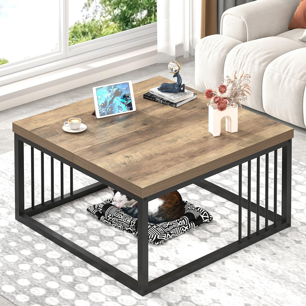 FOLUBAN Black Coffee Table, Modern Square Center Table for Living Room, Industrial Rustic Wood and Metal Cocktail Tea Table, 31.5 Inch