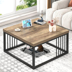 FOLUBAN Modern Coffee Table, Square Center Table for Living Room, Industrial Rustic Wood and Metal Cocktail Tea Table, 31.5 Inch, Brown