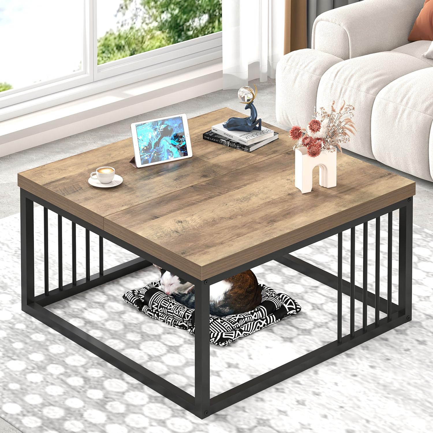 FOLUBAN Modern Coffee Table, Square Center Table for Living Room, Industrial Rustic Wood and Metal Cocktail Tea Table, 31.5 Inch, Brown