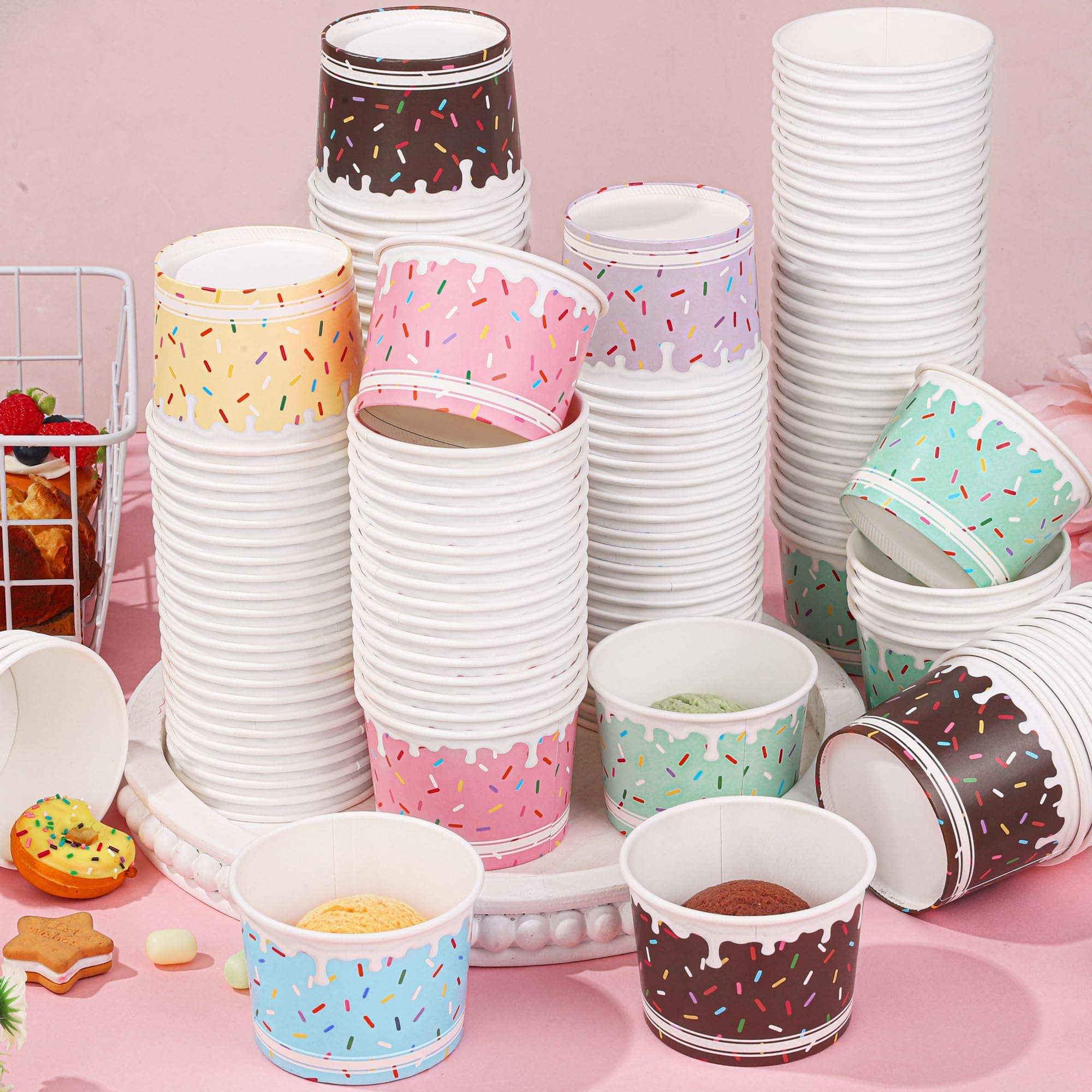 Aodaer 300 Pack Ice Cream Cups 8oz Sprinkles Paper Ice Cream Bowls 6 Color Disposable Snack Bowls Party Supplies Treat Cups for Sundae, Frozen Yogurt, Dessert