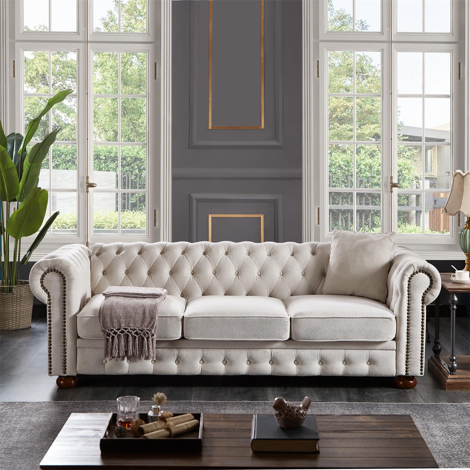Harper & Bright Designs 3-Seat Chesterfield Sofa with Button Tufted, Nailhead Trim and Solid Wood Legs, Classical Linen Fabric Couch for Living Room, Office, Light Grey