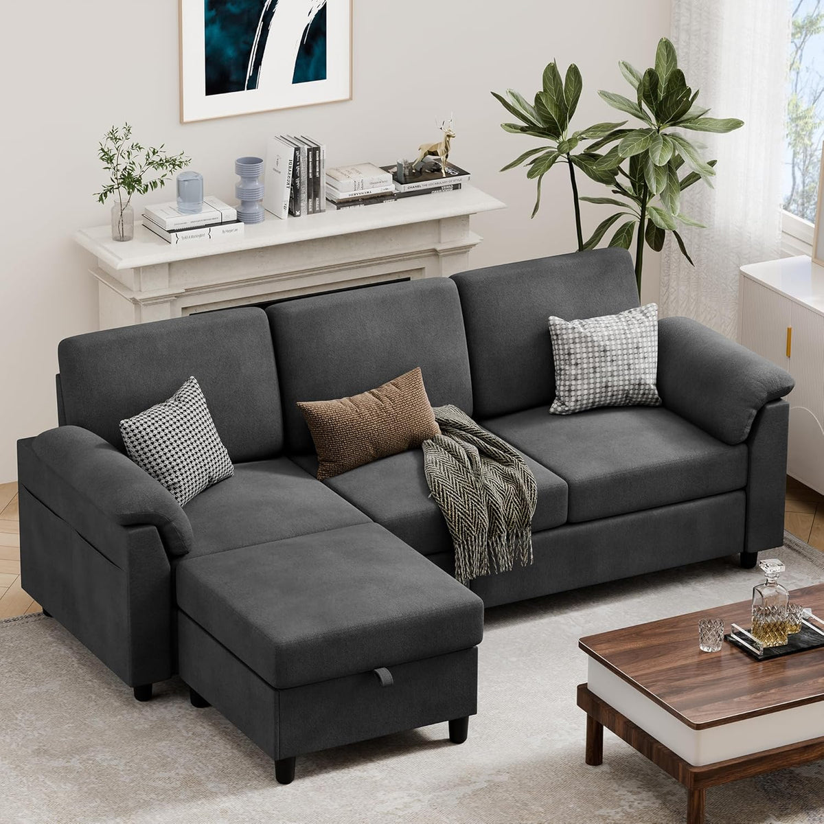 Vongrasig 79" Convertible Sectional Couch Sofa with Storage Ottoman, 3 Seat L Shaped Couch with Side Storage Pockage, Linen Fabric Small Couches for Living Room, Apartment and Small Space, Black