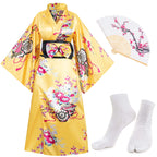Japanese Anime Women's Kimono Robe Geisha Yukata Sweet Dress Blossom Satin Bathrobe Sleepwear Fans Tabi Socks Set