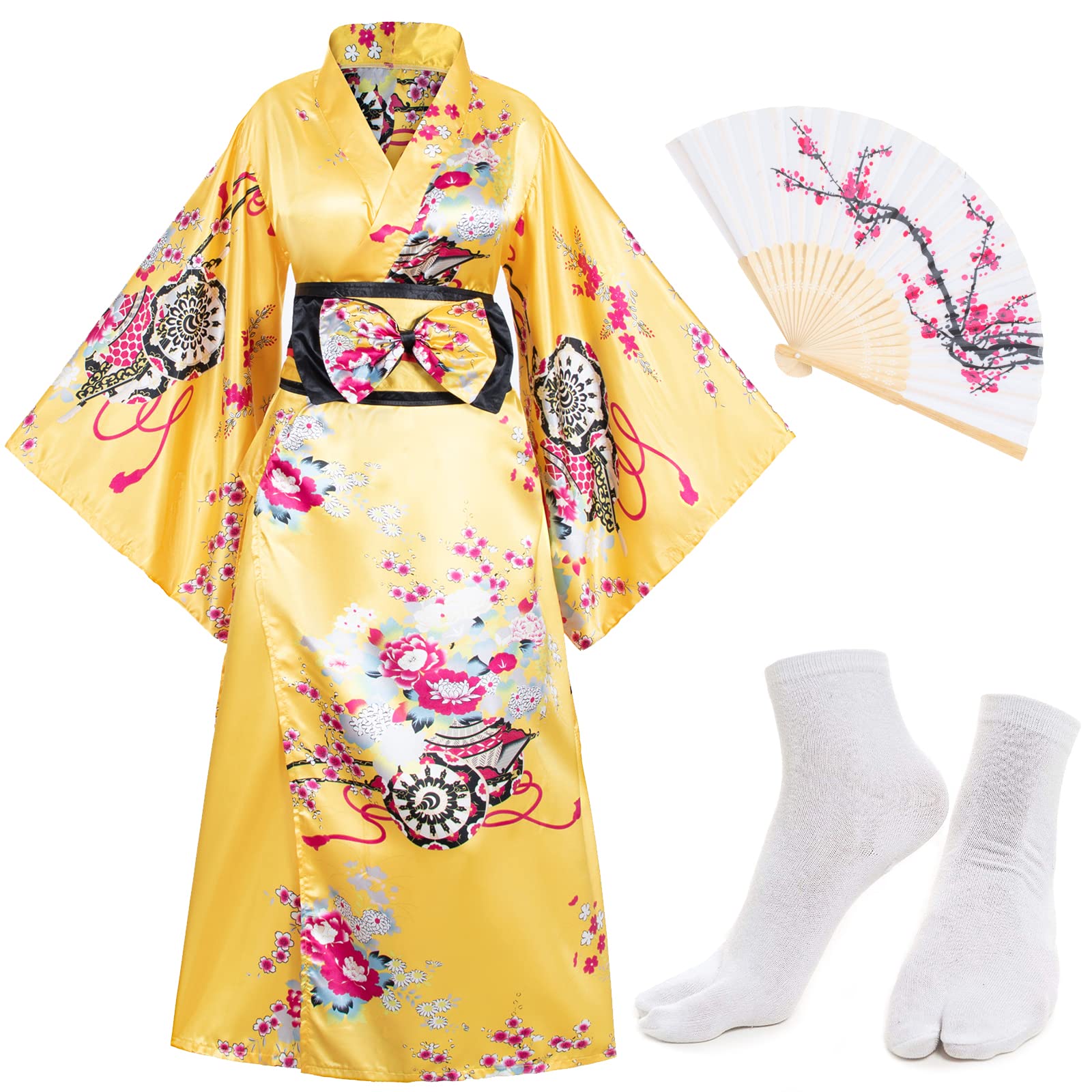 Japanese Anime Women's Kimono Robe Geisha Yukata Sweet Dress Blossom Satin Bathrobe Sleepwear Fans Tabi Socks Set