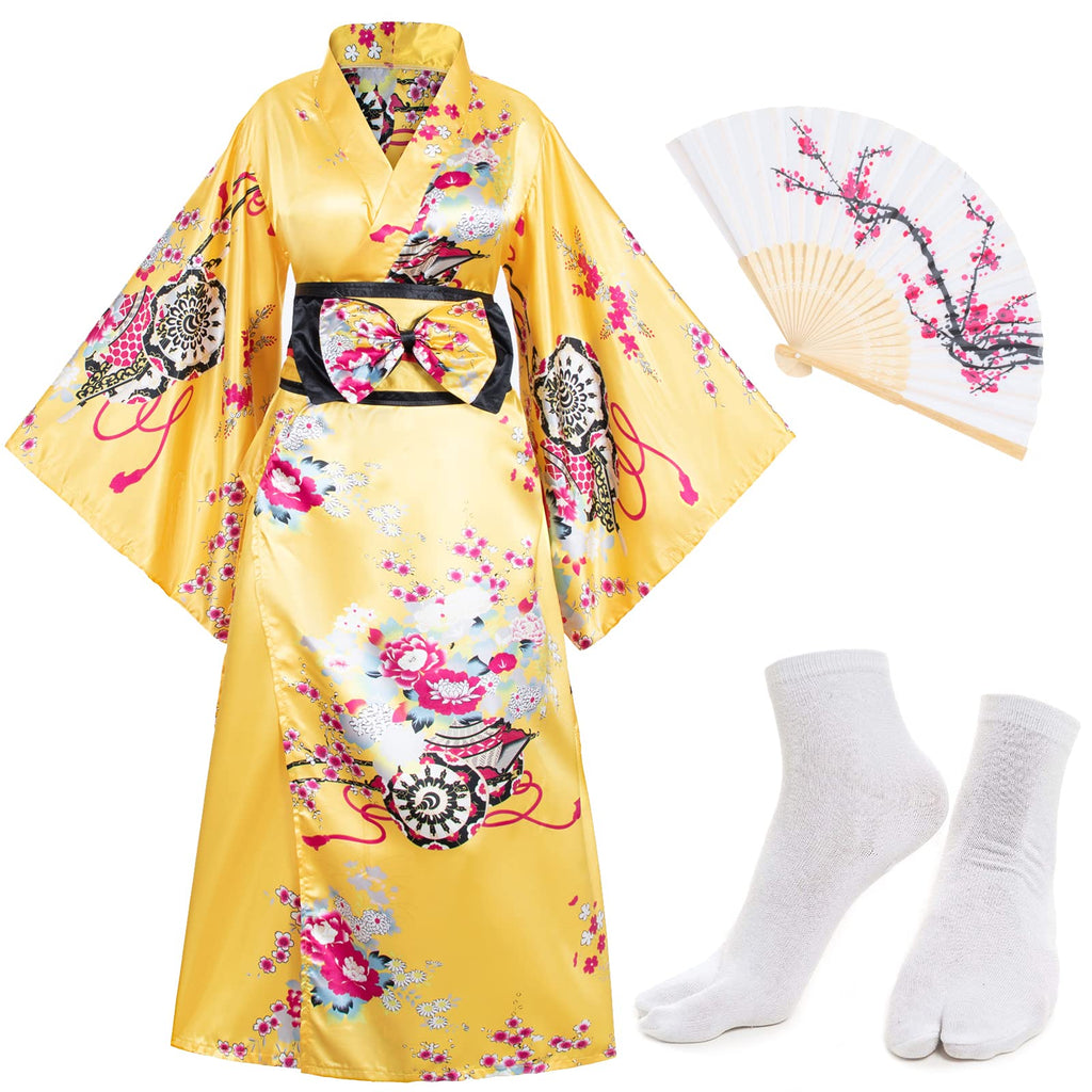 Japanese Anime Women's Kimono Robe Geisha Yukata Sweet Dress Blossom Satin Bathrobe Sleepwear Fans Tabi Socks Set