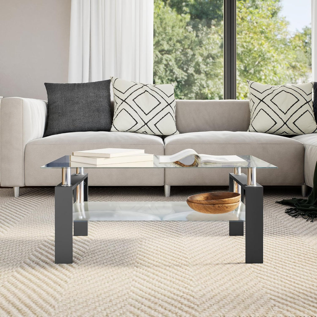 vidaXL Coffee Table with Black Melamine Frame and Tempered Glass Top, Side Table for Living Room, 37.4''x21.7''x15.7'', Black and Transparent