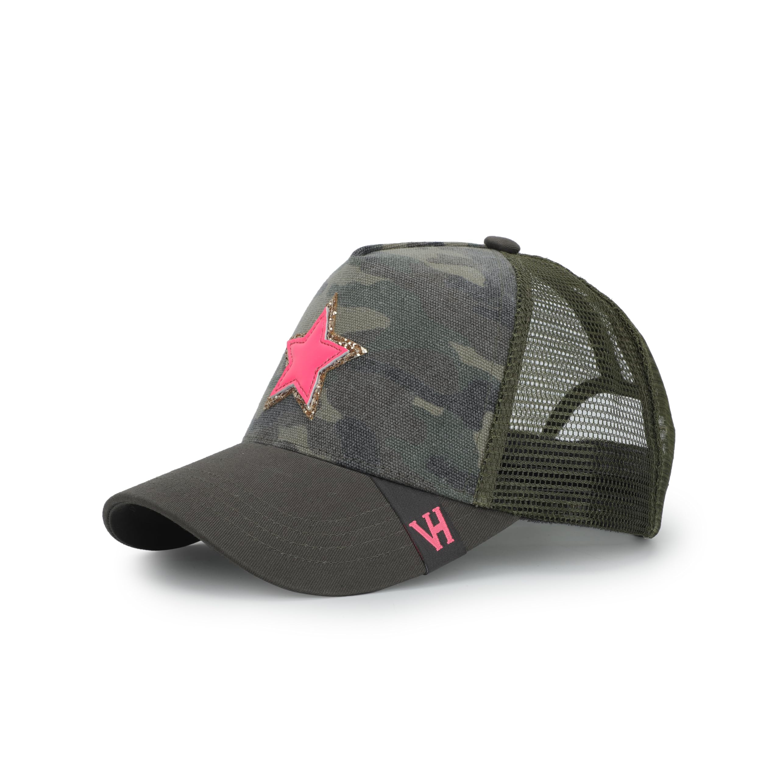 Vintage Havana Camo Trucker-hatte til kvinder Neonpink stjerne & guldglitter stjerne underlag | Mesh justerbar snapback kasket | Herre Dame Baseballkasket
