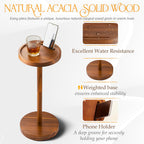 Drink Table, 24.4" Tall Compact Side Table with Phone Slot and Weighted Base, Durable Pedestal Table Accent for Living Room (Stepped Base, Acacia)