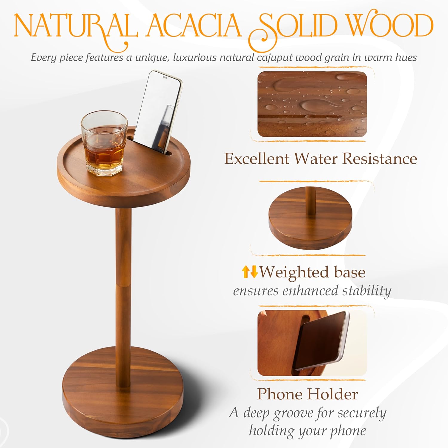 Drink Table, 24.4" Tall Compact Side Table with Phone Slot and Weighted Base, Durable Pedestal Table Accent for Living Room (Stepped Base, Acacia)