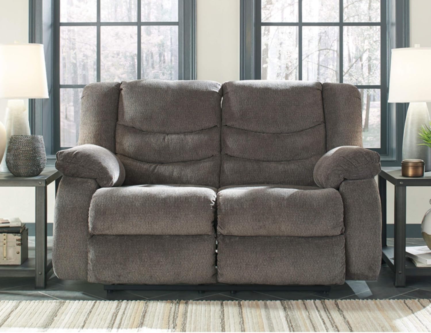 Signature Design by Ashley Tulen Modern Manual Pull Tab Reclining Loveseat, Dark Gray