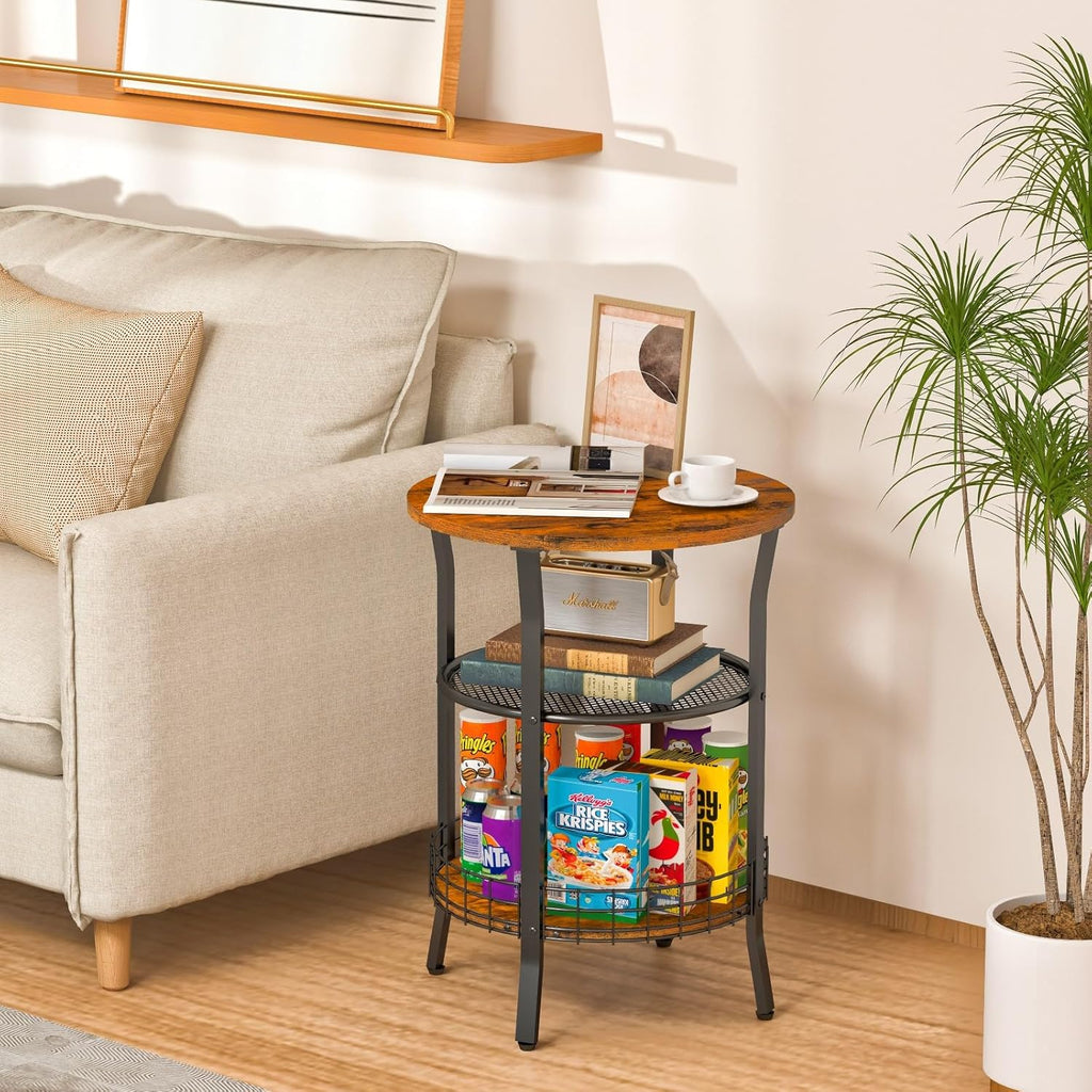 X-cosrack Round Side Table, Industrial Retro End Table with Storage,Coffee Snack Table for Living Room, Bedroom,Kitchen,Office,Stable Wood and Metal Frame,Rustic Brown