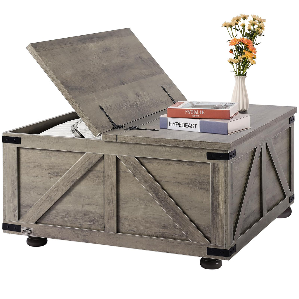 VEVOR 31.5" Farmhouse Coffee Table, Hinged Square Coffee Table with Large Storage Compartment, Wooden Rustic Cocktail Table for Living Room, Bedroom, Apartment, Studio, Black & White