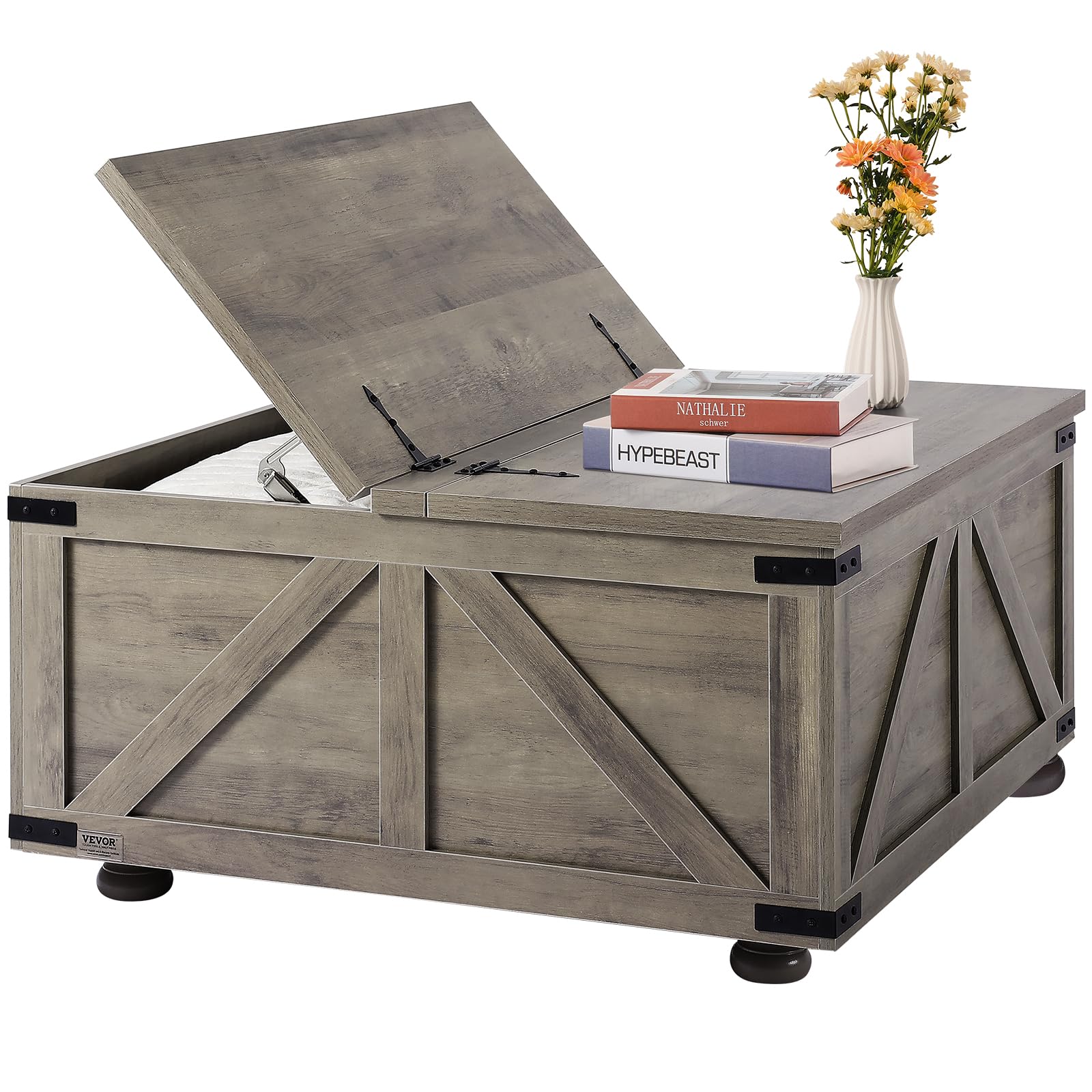 VEVOR 31.5" Farmhouse Coffee Table, Hinged Square Coffee Table with Large Storage Compartment, Wooden Rustic Cocktail Table for Living Room, Bedroom, Apartment, Studio, Black & White