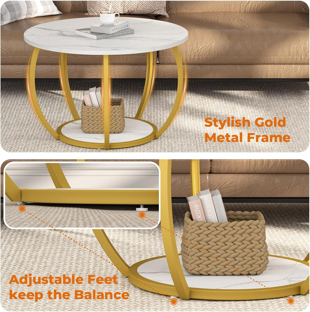 GreenForest Round Coffee Table with Storage, 27.6 inch Small Living Room Tables with Adjustable Feet, 2-Tier Farmhouse Center Table for Home Office, Marble