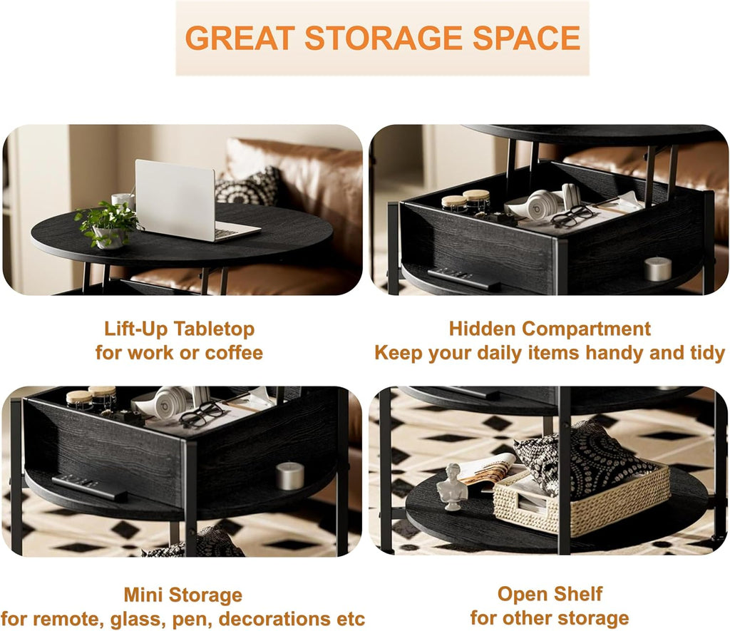 Mid Century Black Coffee Table, 26.77” Lift Top Coffee Table with Removeable Wheels, Hidden Compartment and Open Shelf, Wood Lift Tabletop Central Dining Table for Living Room, Home Office