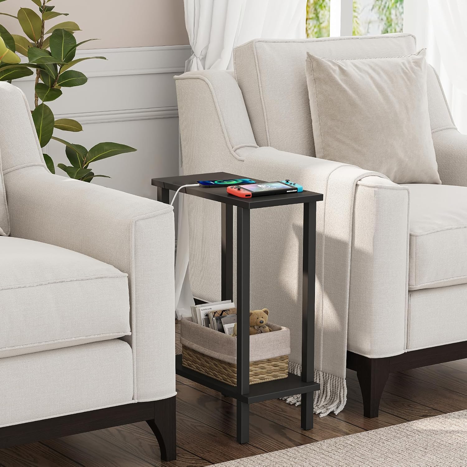 TUTOTAK Small Side Table, Narrow End Table, Skinny Sofa Table, Slim Nightstand, Couch Table, Living Room, Bed Room, Black TB01BK062
