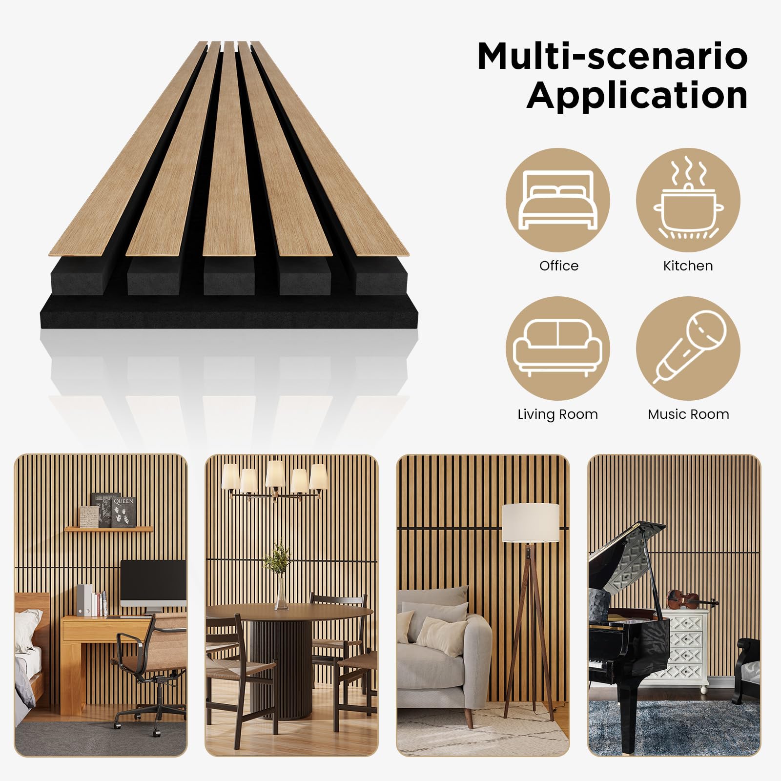 SOCBAZZAR Wood Slat Acoustic Panels for Wall and Ceiling, 3D Fluted Wood Veneer Paneling, 47.3" x 23.6" Each Soundpoof Wooden Slat Wall Panel - White Oak, 4 Pack