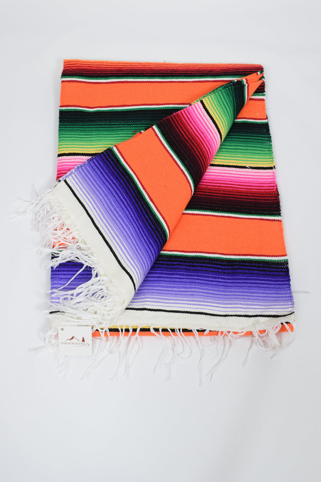 Open Road Goods Authentic Mexican Serape Blanket - Multicolor Lightweight Handmade Mexican Saltillo Blanket/Classic Stripe Pattern, Throw, Beach Blanket, Tapestry or Yoga Blanket. Multi Orange