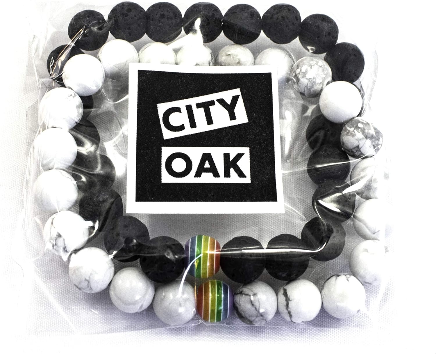 LGBT Relationship Bracelet | 2 Pieces | White Howlite, Black Matte Agate, Rainbow Resin | Oil Diffuser Beads | Gay Couples Strong Cord | Handmade | Love is Colorful
