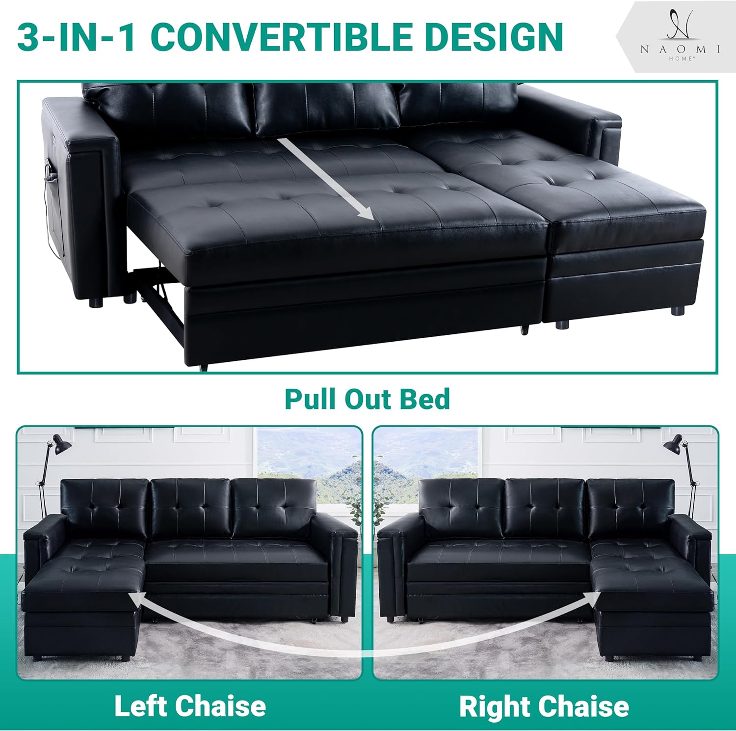 Naomi Home L-Shaped Sectional Sleeper Sofa with USB Ports - Convertible Pull-Out Bed, Ample Storage, Timeless Design, Durable Construction, Black/Air Leather