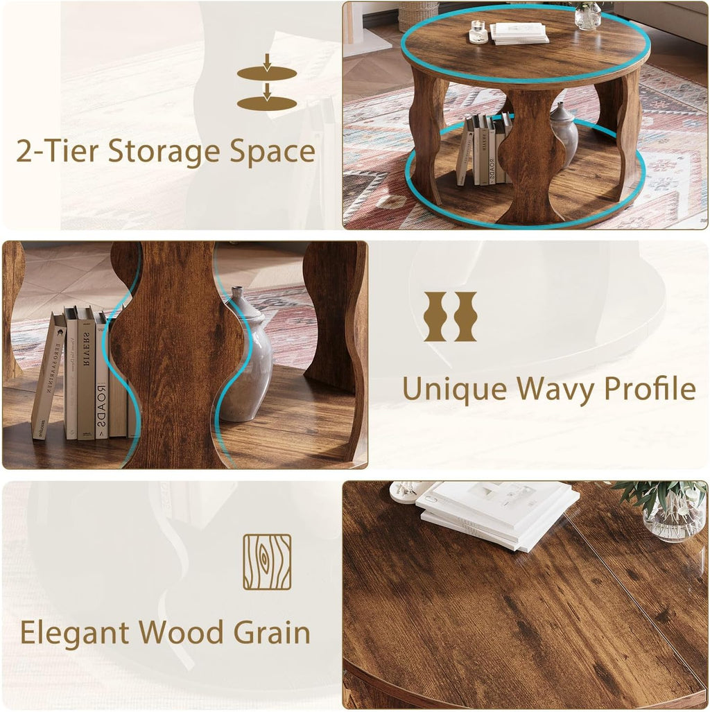 HSH Round Wood Coffee Table, 2 Tier Circle Center Table with Storage, Farmhouse Modern Wooden Living Room Coffee Tea Tables, Unique Vintage Circular Middle Cocktail Table, 31.5 in Rustic Brown