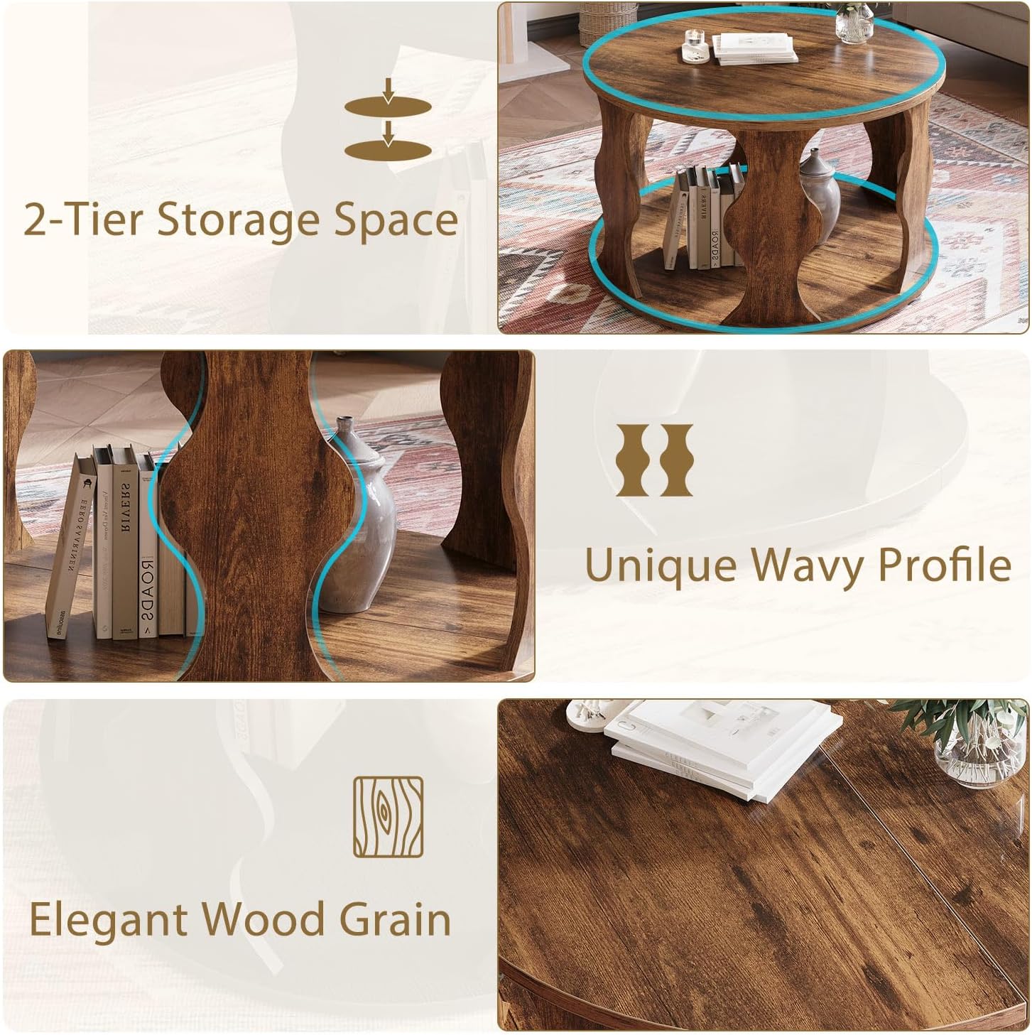 HSH Round Wood Coffee Table, 2 Tier Circle Center Table with Storage, Farmhouse Modern Wooden Living Room Coffee Tea Tables, Unique Vintage Circular Middle Cocktail Table, 31.5 in Rustic Brown