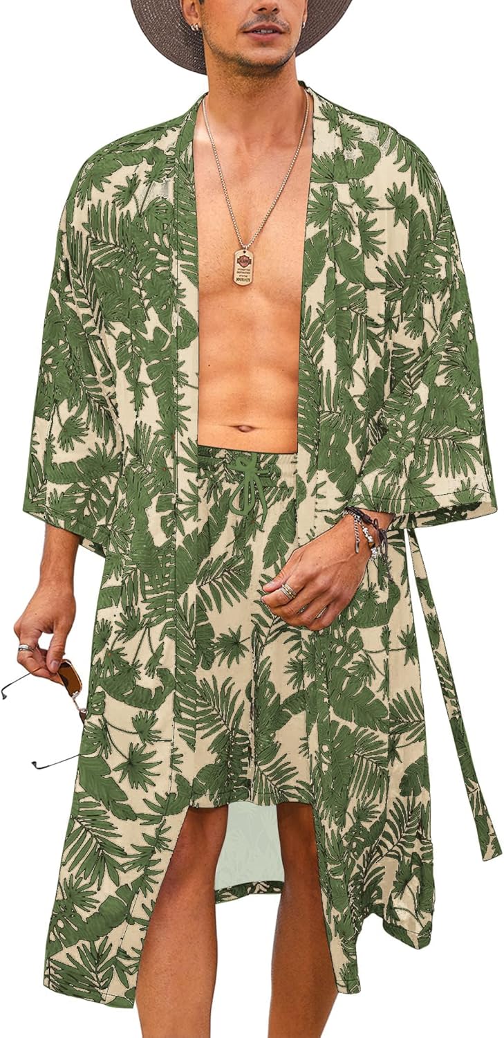 COOFANDY Men Lightweight 2 Piece Kimono Robe with Shorts Japanese Robes Casual Open Front Long Cardigan With Belt