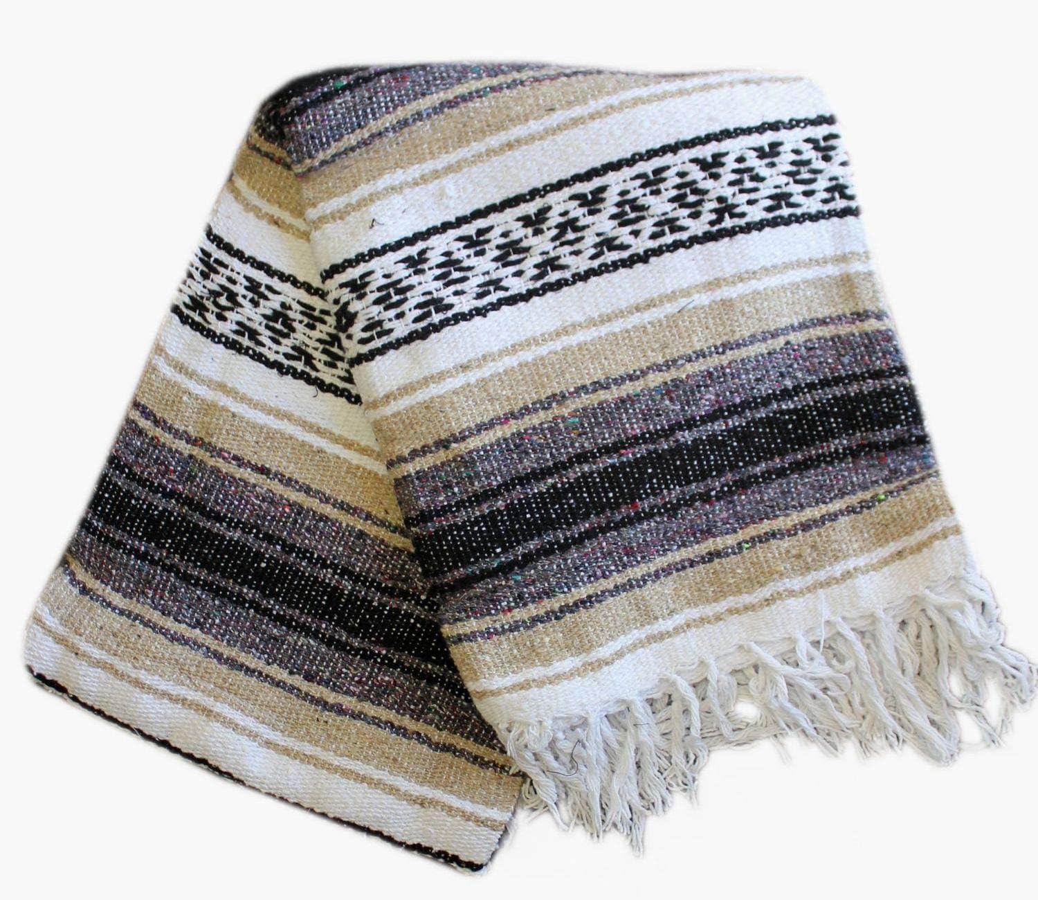 Del Mex Classic Mexican Blanket, Large Authentic Woven Falsa Throw (75"x50"), Artisan Southwest Décor for Beach, Yoga, Outdoors (Tan)