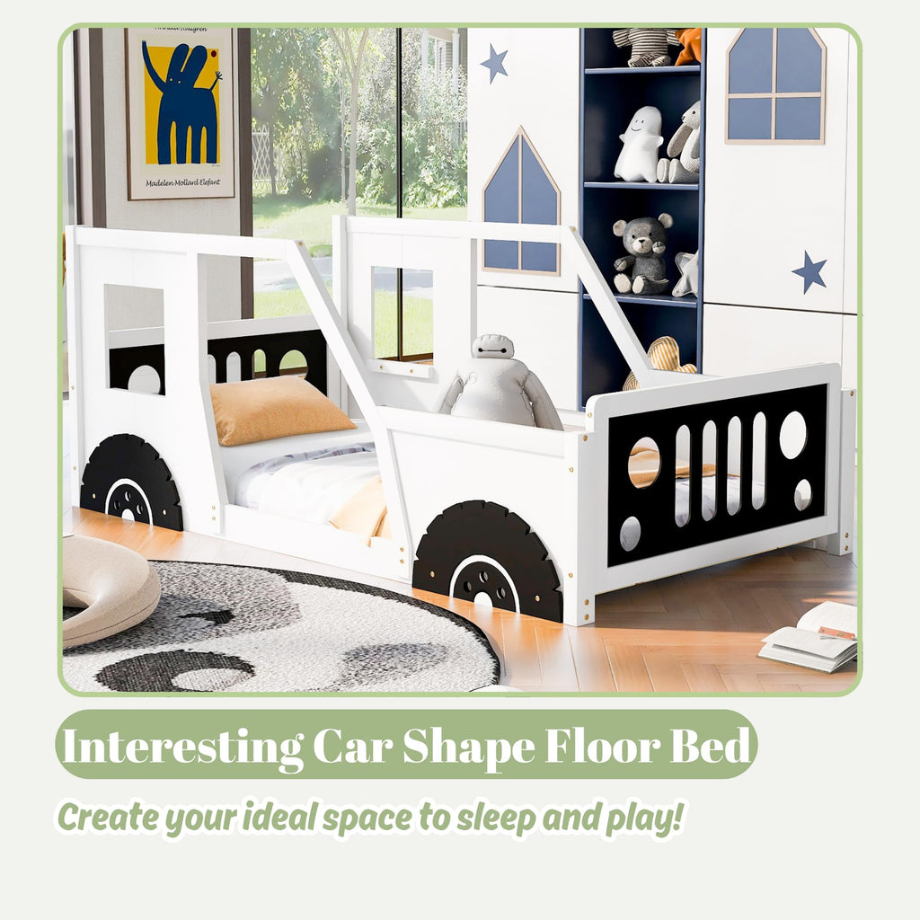 Twin størrelse bil seng, trægulvs sengestel med hovedgærde og fodgærde samt 4 siderækværk, børns racerbilseng til drenge piger teenagere, hvid