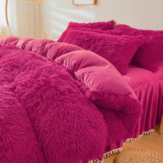 Fluffy Pink Faux Fur Comforter Cover Set，Fluffy Fuzzy Plush Pink Bedding 3Pcs (1 Faux Fur Duvet Cover +2 Fuzzy Pillowcases) Pink Fluffy Bed Set (Pink, Queen)