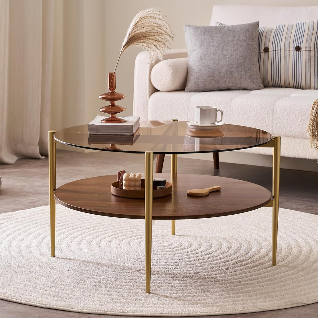 Round Coffee Table, Mid-Century Modern Design, D30 x H17, for Living Room, 2-Tier Structure, Amber Glass Top and Walnut MDF Shelf, Sleek Conical Metal Legs with Gold Finish