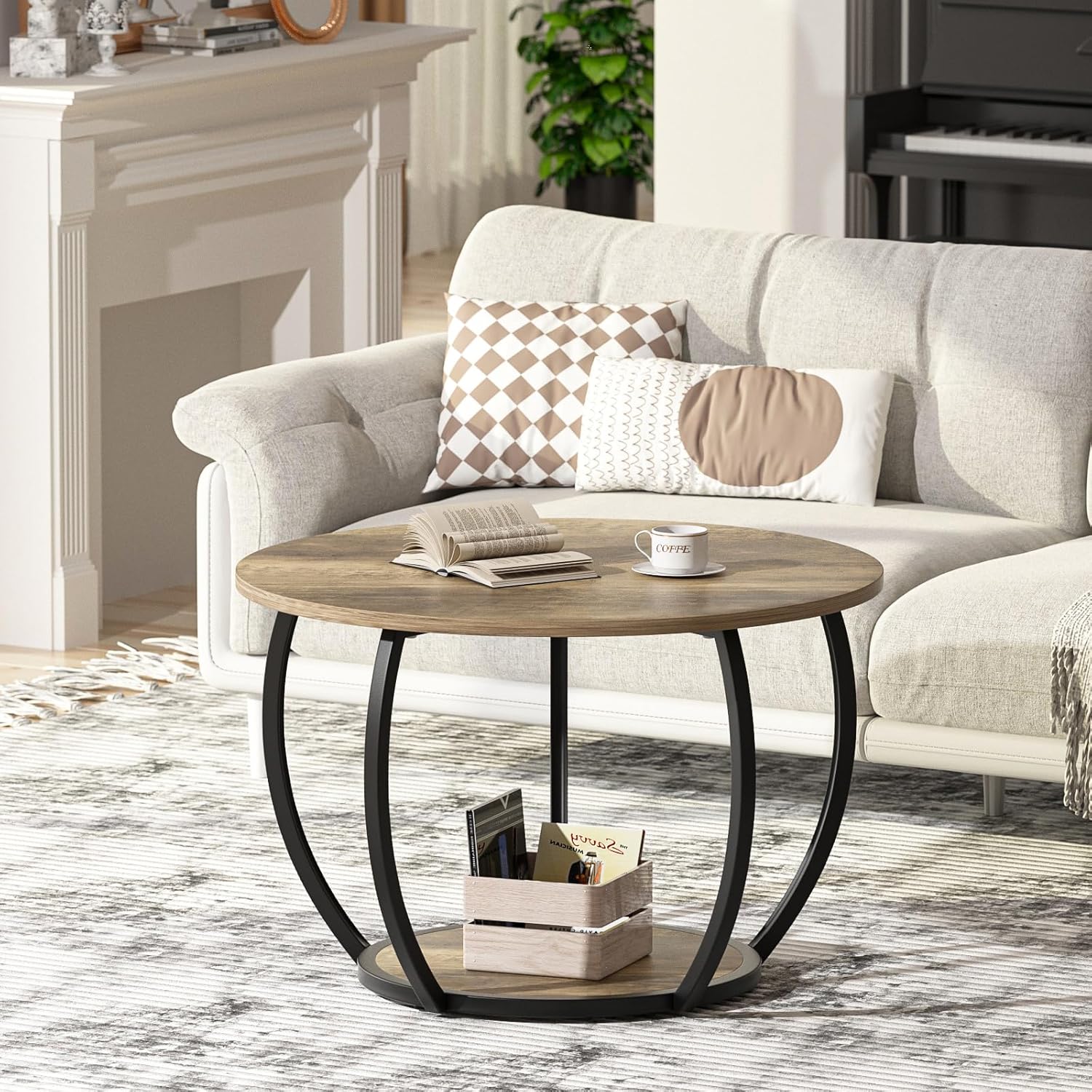 GreenForest Round Coffee Table with 2-Tier Open Storage, 27.6 inch Small Circle Coffee Tables with Adjustable Feet, Modern Mini Center Table for Small Living Room, Grey Wash