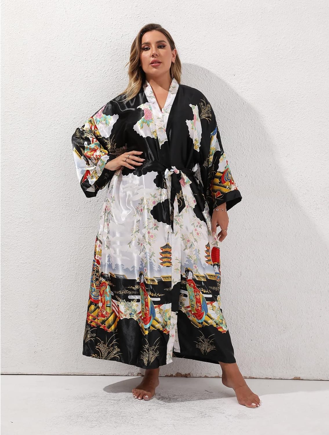 Women's Floral Long Satin Robes Plus Size Long Silk Robes Peacock Floral Kimonos Sleepwear Dressing Gown