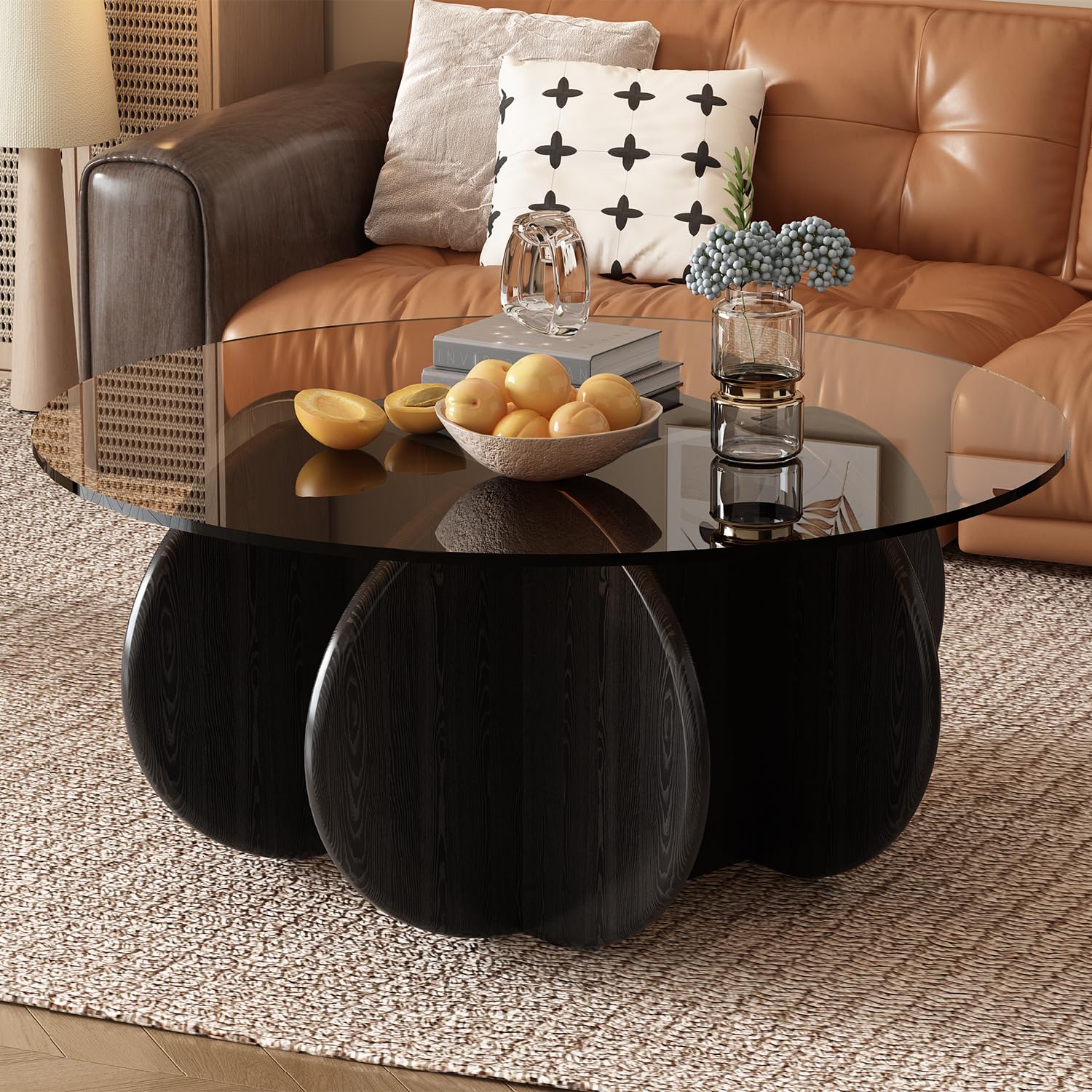 Glass Coffee Table, Mid Century Modern Design, 31.5'' Modern Round Tempered Glass Coffee Tables for Living Room, Cocktail Table for Small Space Home Office. (White + Brown)
