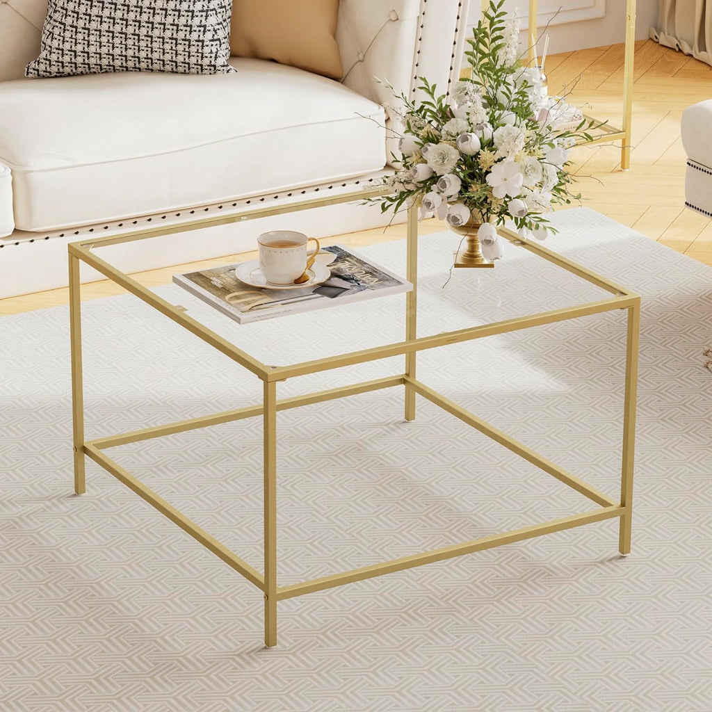 Glass Coffee Table, Modern Square Coffee Table for Living Room, Minimalist Center Tea Table with Sturdy Metal Frame for Apartment, Office, Easy Assembly, 27.6 x 27.6 x 17.7 Inches, Golden